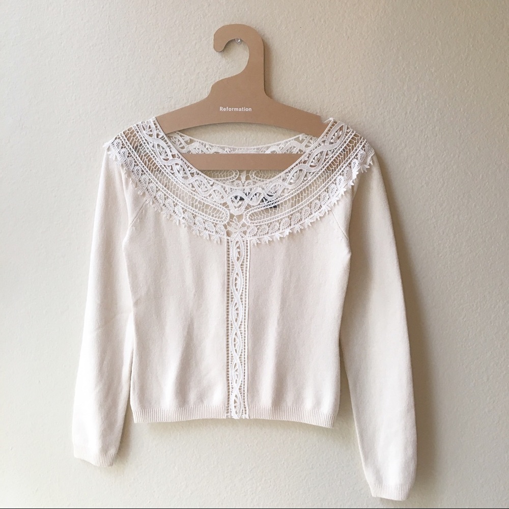 Moda International Silk Cream Sweater Crochet XS